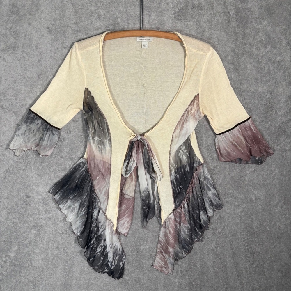 Boston Proper Womens S Tie Front Ruffle Cardigan Cream Gray Abstract Mesh Artsy